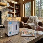 PureONE hydrogen water generator in cozy cabin with fireplace and forest views